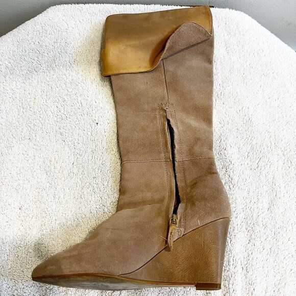 Zara Beige Suede Leather Wedge Tall Boot Women's 40 Heeled Fold Over Zipped - Picture 10 of 10